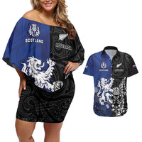 New Zealand And Scotland Rugby Custom Couples Matching Off Shoulder Short Dress and Hawaiian Shirt Maori Tiki With Thistle Together LT05 Black - Polynesian Pride