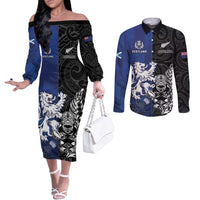 New Zealand And Scotland Rugby Custom Couples Matching Off The Shoulder Long Sleeve Dress and Long Sleeve Button Shirt Maori Tiki With Thistle Together LT05 Black - Polynesian Pride