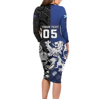 New Zealand And Scotland Rugby Custom Family Matching Long Sleeve Bodycon Dress and Hawaiian Shirt Maori Tiki With Thistle Together LT05 - Polynesian Pride