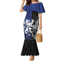 New Zealand And Scotland Rugby Custom Family Matching Mermaid Dress and Hawaiian Shirt Maori Tiki With Thistle Together LT05 Mom's Dress Black - Polynesian Pride