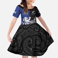 New Zealand And Scotland Rugby Custom Family Matching Off The Shoulder Long Sleeve Dress and Hawaiian Shirt Maori Tiki With Thistle Together LT05 Daughter's Dress Black - Polynesian Pride