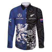 New Zealand And Scotland Rugby Custom Family Matching Off The Shoulder Long Sleeve Dress and Hawaiian Shirt Maori Tiki With Thistle Together LT05 Dad's Shirt - Long Sleeve Black - Polynesian Pride