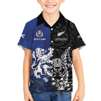 New Zealand And Scotland Rugby Custom Family Matching Off The Shoulder Long Sleeve Dress and Hawaiian Shirt Maori Tiki With Thistle Together LT05 Son's Shirt Black - Polynesian Pride