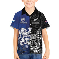 New Zealand And Scotland Rugby Custom Family Matching Off Shoulder Short Dress and Hawaiian Shirt Maori Tiki With Thistle Together LT05 Son's Shirt Black - Polynesian Pride