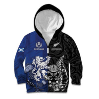 New Zealand And Scotland Rugby Custom Kid Hoodie Maori Tiki With Thistle Together LT05 Zip Hoodie Black - Polynesian Pride