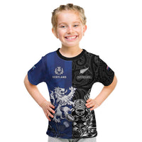 New Zealand And Scotland Rugby Custom Kid T Shirt Maori Tiki With Thistle Together LT05 Black - Polynesian Pride