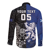 New Zealand And Scotland Rugby Custom Long Sleeve Button Shirt Maori Tiki With Thistle Together LT05 - Polynesian Pride