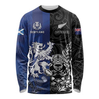 New Zealand And Scotland Rugby Custom Long Sleeve Shirt Maori Tiki With Thistle Together LT05 Unisex Black - Polynesian Pride