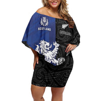 New Zealand And Scotland Rugby Custom Off Shoulder Short Dress Maori Tiki With Thistle Together LT05 Women Black - Polynesian Pride