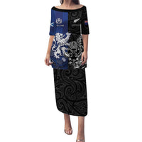 New Zealand And Scotland Rugby Custom Puletasi Maori Tiki With Thistle Together LT05 Long Dress Black - Polynesian Pride