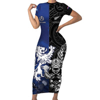 New Zealand And Scotland Rugby Custom Short Sleeve Bodycon Dress Maori Tiki With Thistle Together LT05 Long Dress Black - Polynesian Pride