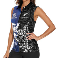 New Zealand And Scotland Rugby Custom Women Sleeveless Polo Shirt Maori Tiki With Thistle Together LT05 - Polynesian Pride