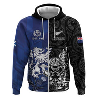 New Zealand And Scotland Rugby Custom Zip Hoodie Maori Tiki With Thistle Together LT05 Zip Hoodie Black - Polynesian Pride