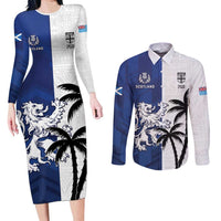 Fiji And Scotland Rugby Custom Couples Matching Long Sleeve Bodycon Dress and Long Sleeve Button Shirt Fijian Palm Tree With Thistle Together