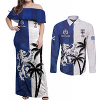 Fiji And Scotland Rugby Custom Couples Matching Off Shoulder Maxi Dress and Long Sleeve Button Shirt Fijian Palm Tree With Thistle Together LT05 Blue - Polynesian Pride