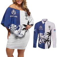 Fiji And Scotland Rugby Custom Couples Matching Off Shoulder Short Dress and Long Sleeve Button Shirt Fijian Palm Tree With Thistle Together LT05 Blue - Polynesian Pride