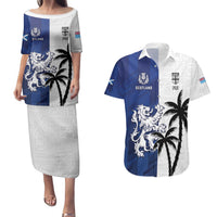 Fiji And Scotland Rugby Custom Couples Matching Puletasi and Hawaiian Shirt Fijian Palm Tree With Thistle Together LT05 Blue - Polynesian Pride