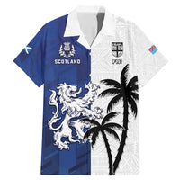 Fiji And Scotland Rugby Custom Family Matching Mermaid Dress and Hawaiian Shirt Fijian Palm Tree With Thistle Together LT05 Dad's Shirt - Short Sleeve Blue - Polynesian Pride