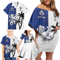 Fiji And Scotland Rugby Custom Family Matching Off Shoulder Short Dress and Hawaiian Shirt Fijian Palm Tree With Thistle Together LT05 - Polynesian Pride