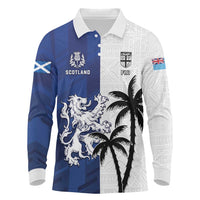 Fiji And Scotland Rugby Custom Long Sleeve Polo Shirt Fijian Palm Tree With Thistle Together LT05 Blue - Polynesian Pride
