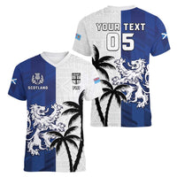 Fiji And Scotland Rugby Custom Women V-Neck T-Shirt Fijian Palm Tree With Thistle Together LT05 - Polynesian Pride