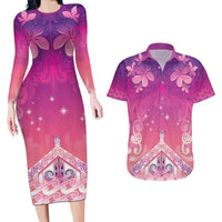 New Zealand Matariki Couples Matching Long Sleeve Bodycon Dress and Hawaiian Shirt Maori Marae Purple Galaxy LT05 Purple - Polynesian Pride