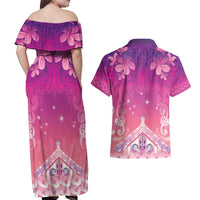 New Zealand Matariki Couples Matching Off Shoulder Maxi Dress and Hawaiian Shirt Maori Marae Purple Galaxy LT05 - Polynesian Pride