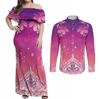New Zealand Matariki Couples Matching Off Shoulder Maxi Dress and Long Sleeve Button Shirt Maori Marae Purple Galaxy LT05 Purple - Polynesian Pride