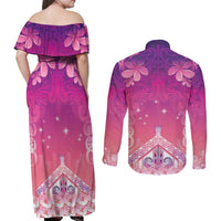 New Zealand Matariki Couples Matching Off Shoulder Maxi Dress and Long Sleeve Button Shirt Maori Marae Purple Galaxy LT05 - Polynesian Pride