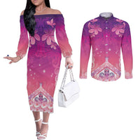 New Zealand Matariki Couples Matching Off The Shoulder Long Sleeve Dress and Long Sleeve Button Shirt Maori Marae Purple Galaxy LT05 Purple - Polynesian Pride