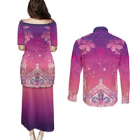 New Zealand Matariki Couples Matching Puletasi and Long Sleeve Button Shirt Maori Marae Purple Galaxy LT05 - Polynesian Pride