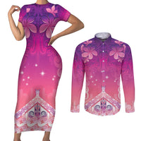 New Zealand Matariki Couples Matching Short Sleeve Bodycon Dress and Long Sleeve Button Shirt Maori Marae Purple Galaxy LT05 Purple - Polynesian Pride
