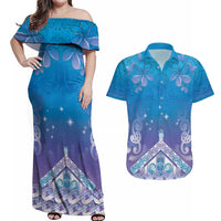 New Zealand Matariki Couples Matching Off Shoulder Maxi Dress and Hawaiian Shirt Maori Marae Cyan Galaxy LT05 Cyan - Polynesian Pride