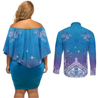 New Zealand Matariki Couples Matching Off Shoulder Short Dress and Long Sleeve Button Shirt Maori Marae Cyan Galaxy LT05 - Polynesian Pride