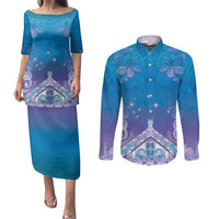 New Zealand Matariki Couples Matching Puletasi and Long Sleeve Button Shirt Maori Marae Cyan Galaxy LT05 Cyan - Polynesian Pride