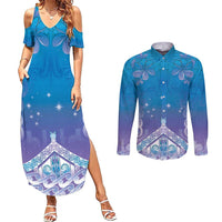 New Zealand Matariki Couples Matching Summer Maxi Dress and Long Sleeve Button Shirt Maori Marae Cyan Galaxy LT05 Cyan - Polynesian Pride