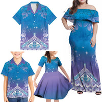 New Zealand Matariki Family Matching Off Shoulder Maxi Dress and Hawaiian Shirt Maori Marae Cyan Galaxy LT05 - Polynesian Pride