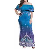 New Zealand Matariki Family Matching Off Shoulder Maxi Dress and Hawaiian Shirt Maori Marae Cyan Galaxy LT05 Mom's Dress Cyan - Polynesian Pride
