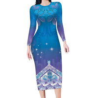 New Zealand Matariki Long Sleeve Bodycon Dress Maori Marae Cyan Galaxy LT05 Long Dress Cyan - Polynesian Pride