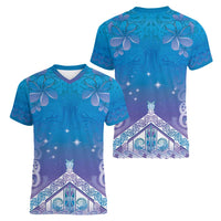 New Zealand Matariki Women V-Neck T-Shirt Maori Marae Cyan Galaxy LT05 - Polynesian Pride