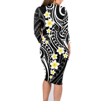 Plumeria With Black Polynesian Tattoo Pattern Family Matching Long Sleeve Bodycon Dress and Hawaiian Shirt LT05 - Polynesian Pride