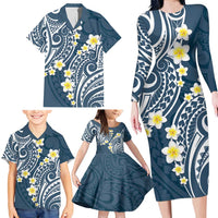 Plumeria With Blue Polynesian Tattoo Pattern Family Matching Long Sleeve Bodycon Dress and Hawaiian Shirt LT05 - Polynesian Pride