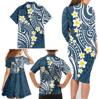 Plumeria With Blue Polynesian Tattoo Pattern Family Matching Long Sleeve Bodycon Dress and Hawaiian Shirt LT05 - Polynesian Pride