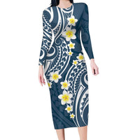 Plumeria With Blue Polynesian Tattoo Pattern Family Matching Long Sleeve Bodycon Dress and Hawaiian Shirt LT05 Mom's Dress Blue - Polynesian Pride