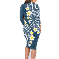 Plumeria With Blue Polynesian Tattoo Pattern Family Matching Long Sleeve Bodycon Dress and Hawaiian Shirt LT05 - Polynesian Pride