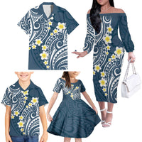 Plumeria With Blue Polynesian Tattoo Pattern Family Matching Off The Shoulder Long Sleeve Dress and Hawaiian Shirt LT05 - Polynesian Pride