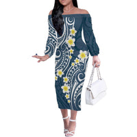 Plumeria With Blue Polynesian Tattoo Pattern Family Matching Off The Shoulder Long Sleeve Dress and Hawaiian Shirt LT05 Mom's Dress Blue - Polynesian Pride