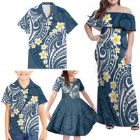 Plumeria With Blue Polynesian Tattoo Pattern Family Matching Off Shoulder Maxi Dress and Hawaiian Shirt LT05 - Polynesian Pride