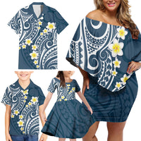 Plumeria With Blue Polynesian Tattoo Pattern Family Matching Off Shoulder Short Dress and Hawaiian Shirt LT05 - Polynesian Pride