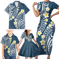 Plumeria With Blue Polynesian Tattoo Pattern Family Matching Short Sleeve Bodycon Dress and Hawaiian Shirt LT05 - Polynesian Pride